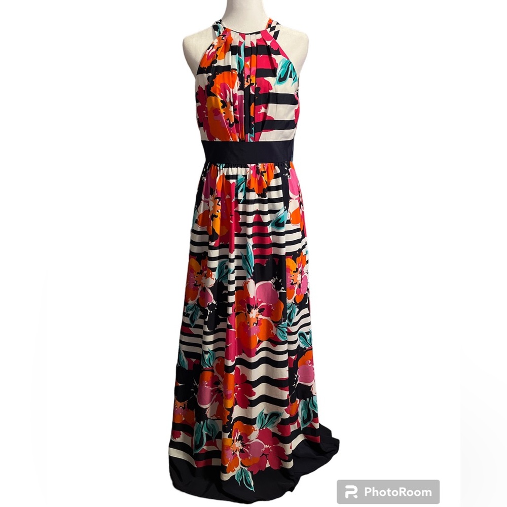 Eliza J Floral Stripe Halter Tie Maxi Dress